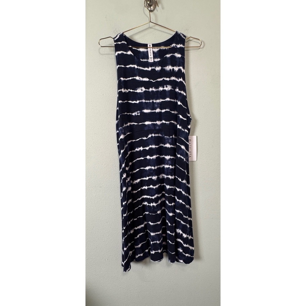 Athleta Santorini Thera Print Dress Blue Navy Tie Dye Stripe UPF 1X NEW Beach - Picture 2 of 11